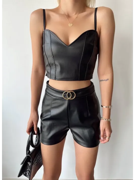 Tokalı Deri Şort Siyah S24444