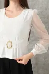 Tokalı Tül Kollu Bluz Beyaz T4071