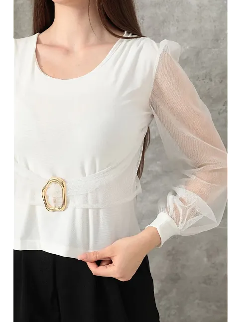 Tokalı Tül Kollu Bluz Beyaz T4071