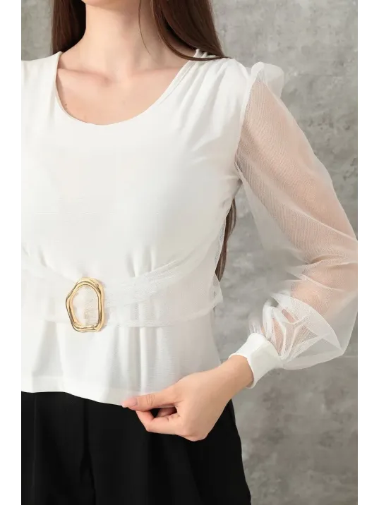 Tokalı Tül Kollu Bluz Beyaz T4071