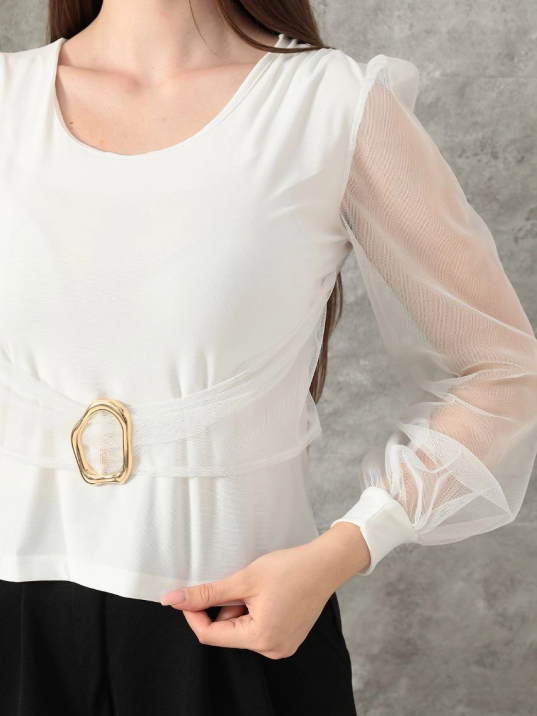 Tokalı tül kollu bluz beyaz t4071 Tokalı tül kollu bluz beyaz t4071