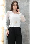 Tokalı Tül Kollu Bluz Beyaz T4071