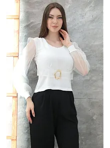 Tokalı Tül Kollu Bluz Beyaz T4071