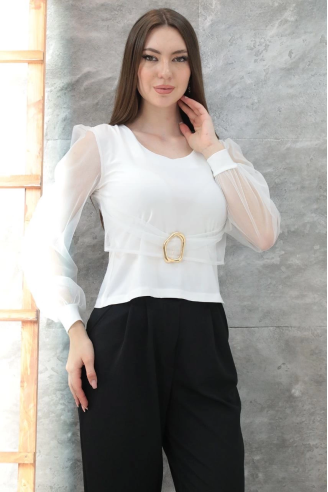 Tokalı tül kollu bluz beyaz t4071