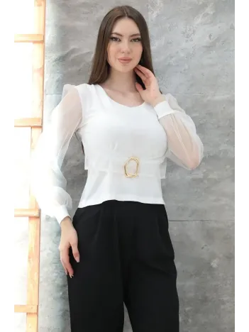 Tokalı Tül Kollu Bluz Beyaz T4071