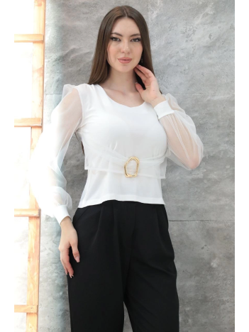 Tokalı tül kollu bluz beyaz t4071 Tokalı tül kollu bluz beyaz t4071