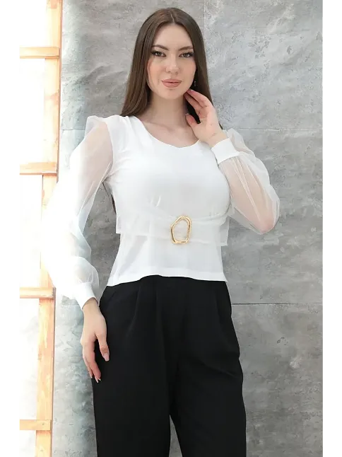 Tokalı Tül Kollu Bluz Beyaz T4071