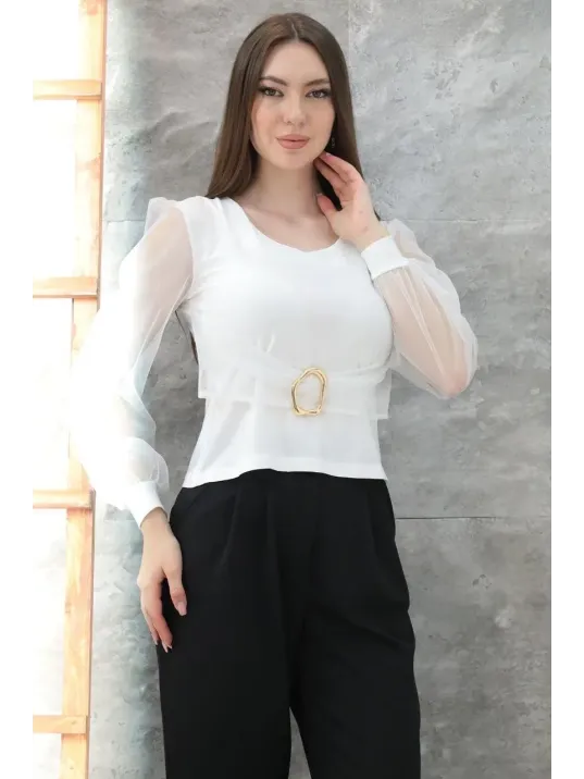 Tokalı Tül Kollu Bluz Beyaz T4071