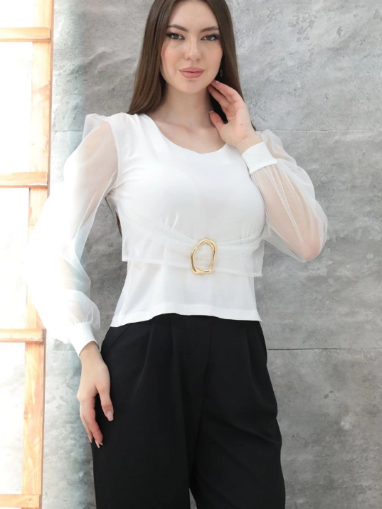 Tokalı tül kollu bluz beyaz t4071 Tokalı tül kollu bluz beyaz t4071