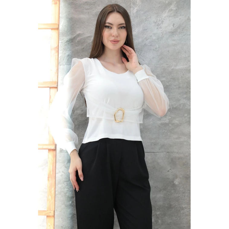 Tokalı tül kollu bluz beyaz t4071 Tokalı tül kollu bluz beyaz t4071