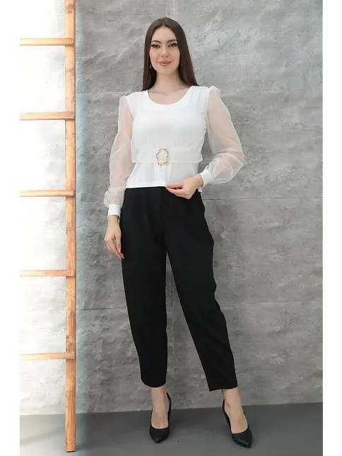 Tokalı Tül Kollu Bluz Beyaz T4071