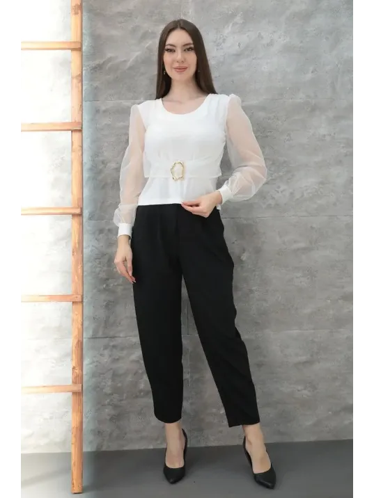 Tokalı Tül Kollu Bluz Beyaz T4071