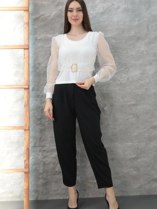 Tokalı tül kollu bluz beyaz t4071 Tokalı tül kollu bluz beyaz t4071