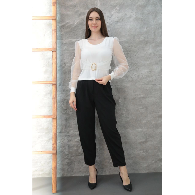 Tokalı tül kollu bluz beyaz t4071 Tokalı tül kollu bluz beyaz t4071
