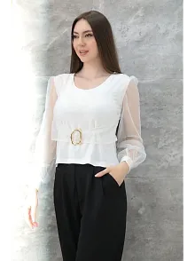 Tokalı Tül Kollu Bluz Beyaz T4071