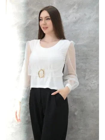 Tokalı Tül Kollu Bluz Beyaz T4071