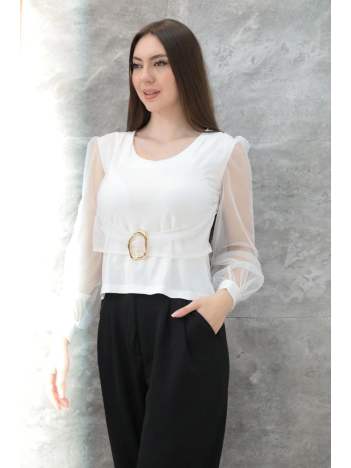 Tokalı tül kollu bluz beyaz t4071 Tokalı tül kollu bluz beyaz t4071