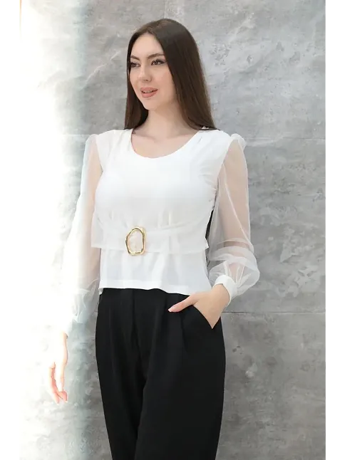 Tokalı Tül Kollu Bluz Beyaz T4071