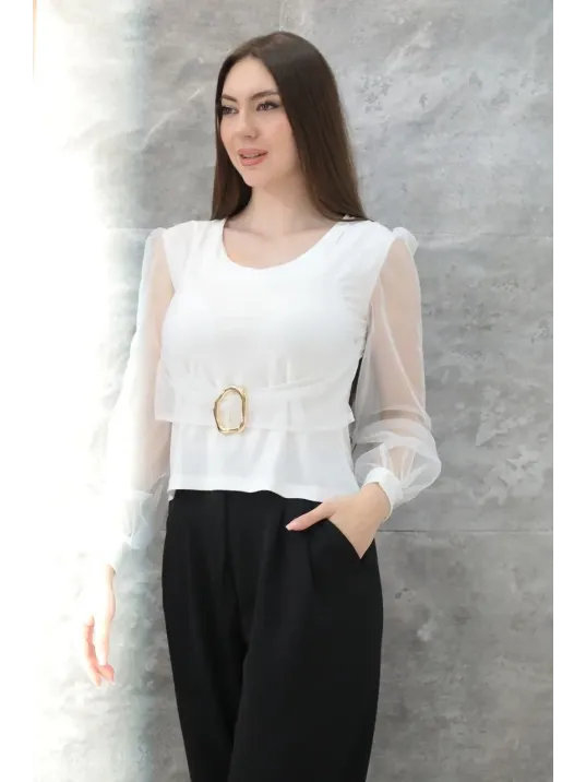 Tokalı Tül Kollu Bluz Beyaz T4071