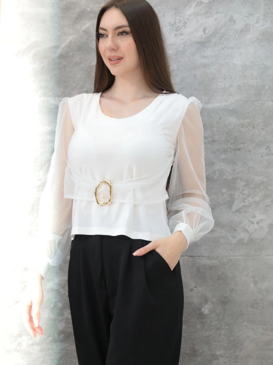 Tokalı tül kollu bluz beyaz t4071 Tokalı tül kollu bluz beyaz t4071