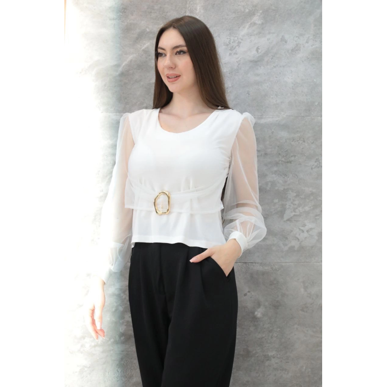 Tokalı tül kollu bluz beyaz t4071 Tokalı tül kollu bluz beyaz t4071