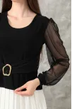 Tokalı Tül Kollu Bluz Siyah T4071