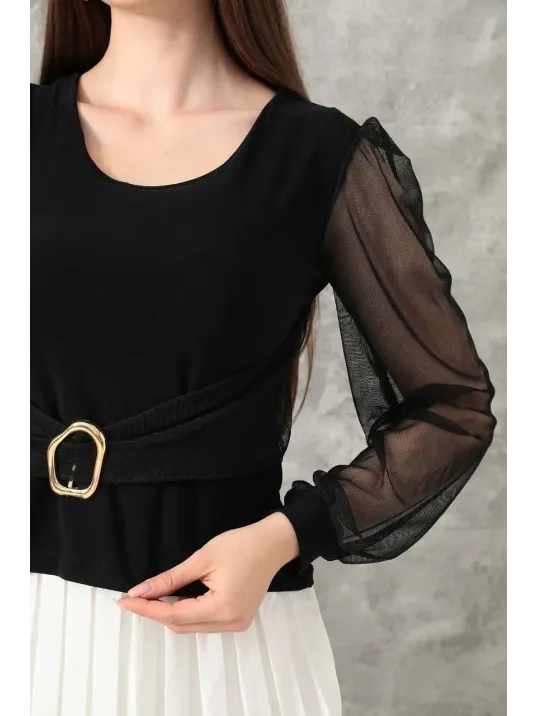 Tokalı Tül Kollu Bluz Siyah T4071