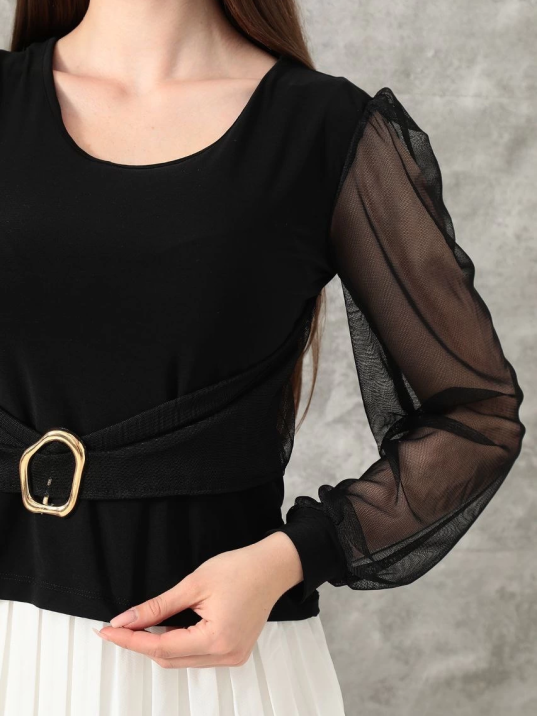 Tokalı tül kollu bluz siyah t4071 Tokalı tül kollu bluz siyah t4071