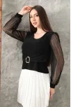 Tokalı Tül Kollu Bluz Siyah T4071