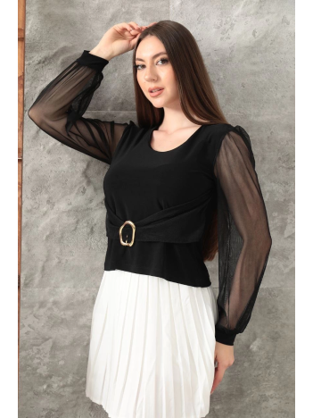 Tokalı tül kollu bluz siyah t4071 Tokalı tül kollu bluz siyah t4071