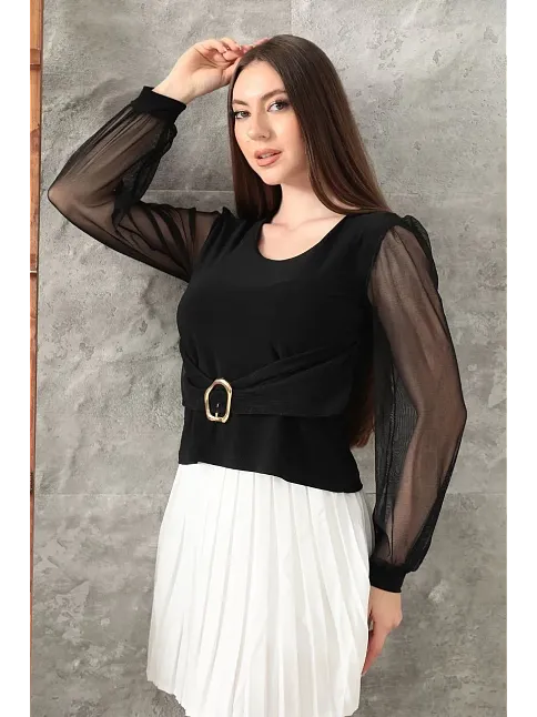 Tokalı Tül Kollu Bluz Siyah T4071