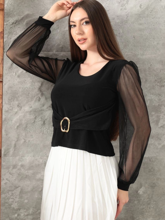 Tokalı tül kollu bluz siyah t4071 Tokalı tül kollu bluz siyah t4071