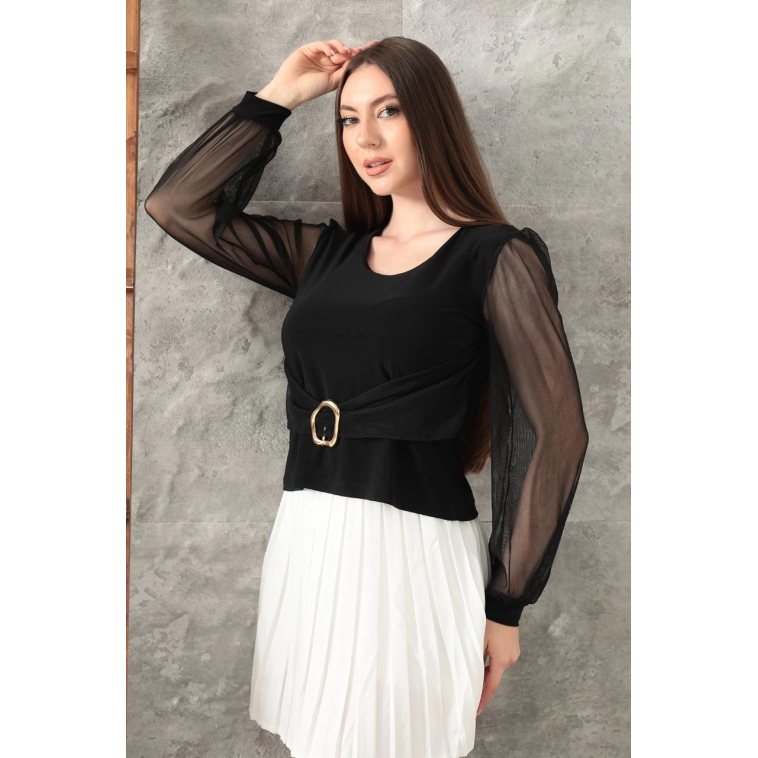 Tokalı tül kollu bluz siyah t4071 Tokalı tül kollu bluz siyah t4071