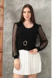 Tokalı Tül Kollu Bluz Siyah T4071