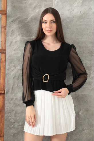 Tokalı tül kollu bluz siyah t4071