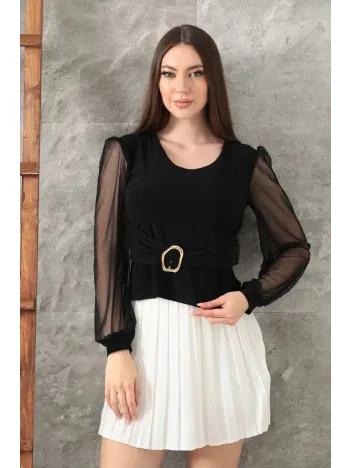 Tokalı Tül Kollu Bluz Siyah T4071