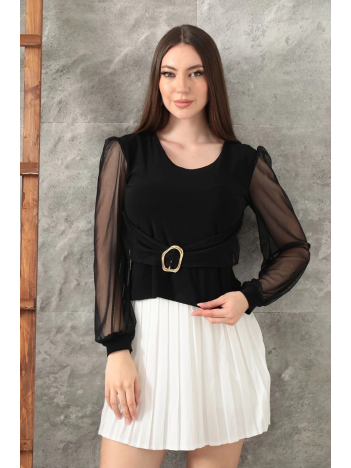 Tokalı tül kollu bluz siyah t4071 Tokalı tül kollu bluz siyah t4071