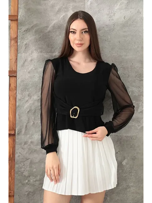 Tokalı Tül Kollu Bluz Siyah T4071