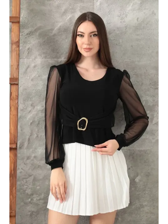 Tokalı Tül Kollu Bluz Siyah T4071