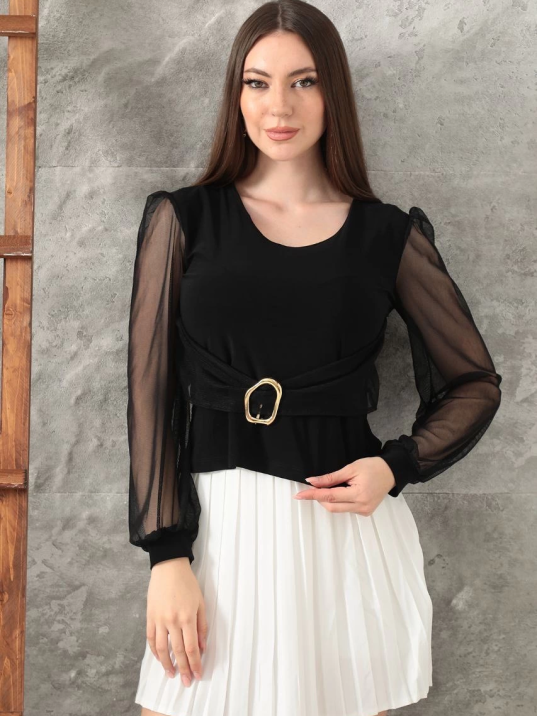 Tokalı tül kollu bluz siyah t4071 Tokalı tül kollu bluz siyah t4071