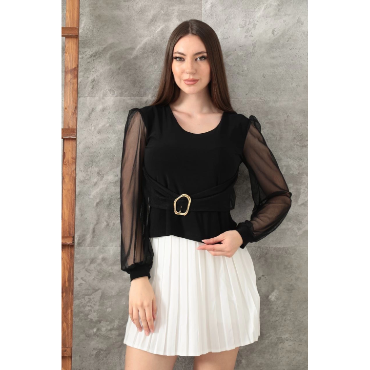 Tokalı tül kollu bluz siyah t4071 Tokalı tül kollu bluz siyah t4071