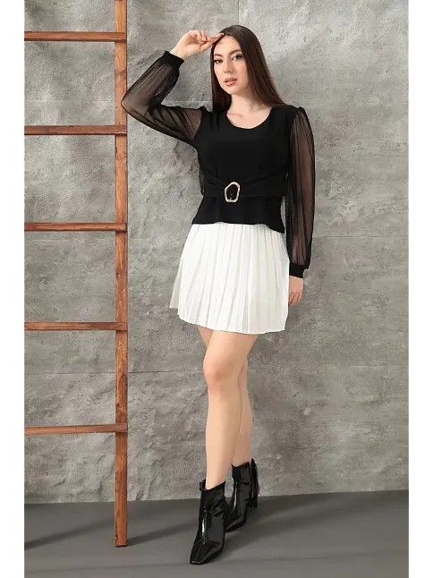 Tokalı Tül Kollu Bluz Siyah T4071