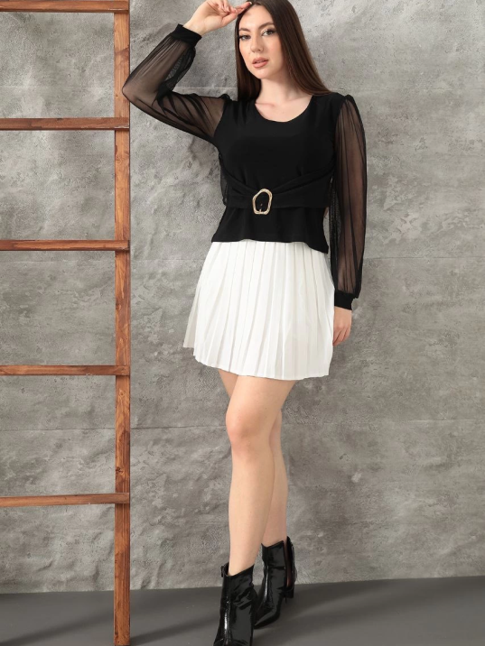 Tokalı tül kollu bluz siyah t4071 Tokalı tül kollu bluz siyah t4071