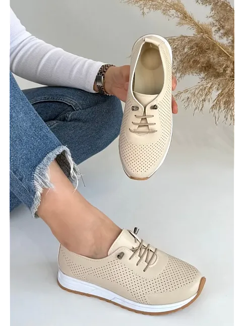 Tone Bej Cilt Bağcıklı Spor Ayakkabı