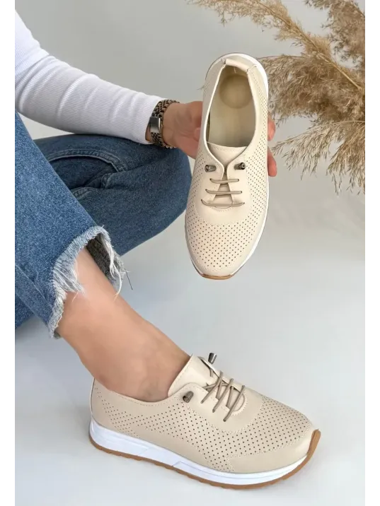 Tone Bej Cilt Bağcıklı Spor Ayakkabı Tone Bej Cilt Bağcıklı Spor Ayakkabı
