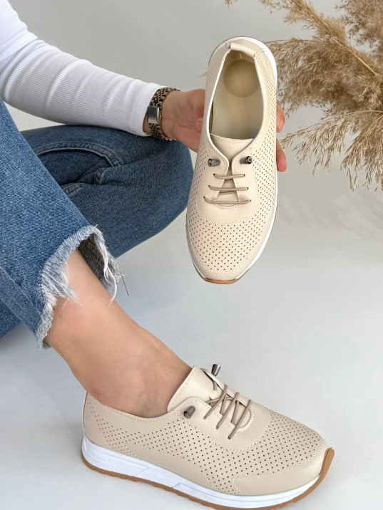 Tone Bej Cilt Bağcıklı Spor Ayakkabı Tone Bej Cilt Bağcıklı Spor Ayakkabı