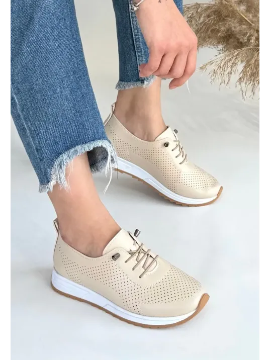 Tone Bej Cilt Bağcıklı Spor Ayakkabı Tone Bej Cilt Bağcıklı Spor Ayakkabı