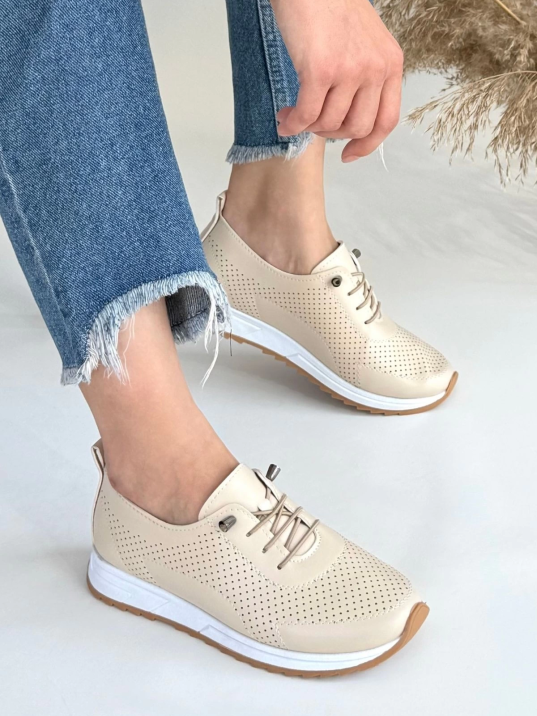 Tone Bej Cilt Bağcıklı Spor Ayakkabı Tone Bej Cilt Bağcıklı Spor Ayakkabı