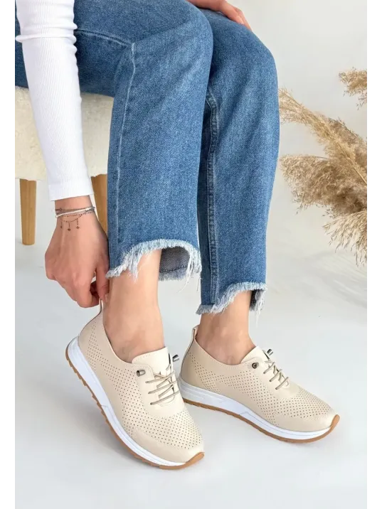 Tone Bej Cilt Bağcıklı Spor Ayakkabı Tone Bej Cilt Bağcıklı Spor Ayakkabı