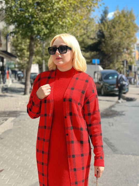 Triko Hırka elbise ikili takım kırmızı